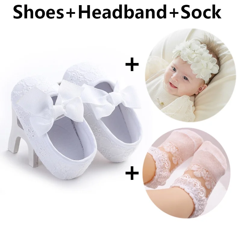 Newborn Girls Baby Shoes + Headband  Sock  First Walker White  Girl  for Infant Christening  Photoshoot Outfit