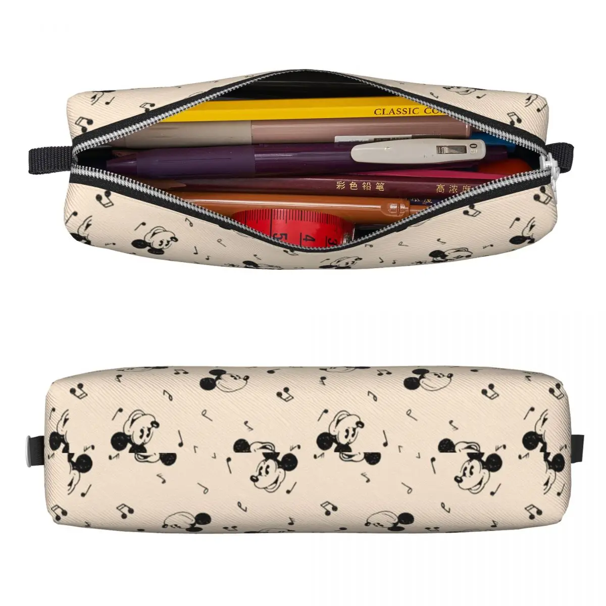 Vintage Mickey Minnie Music Pattern Pencil Case Creative Pen Bags Kids Big Capacity School Supplies Zipper Pencil Pouch