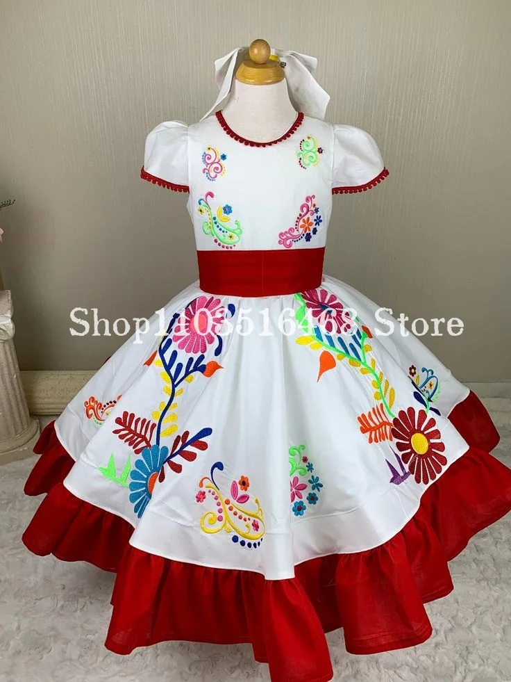 White Princess Prom Mini Quinceanera Dresses Mexican Charro Round Neck Embroidered Tie Poncho Vestido 15 Años Quinceañera