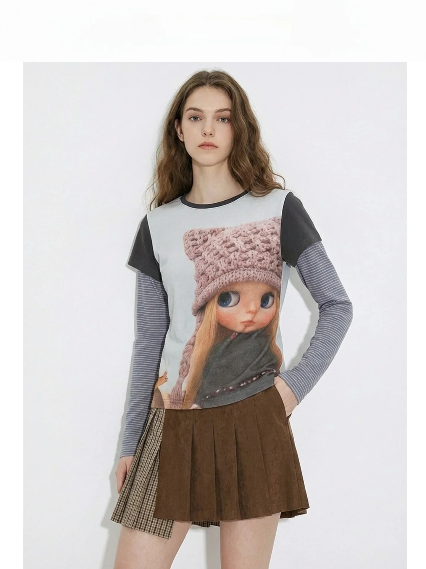 

Женская футболка с длинным рукавом и принтом в стиле ретро-американской куклы с большими глазами, весенняя, приталенная, из хлопка, с круглым вырезом, базовая модель