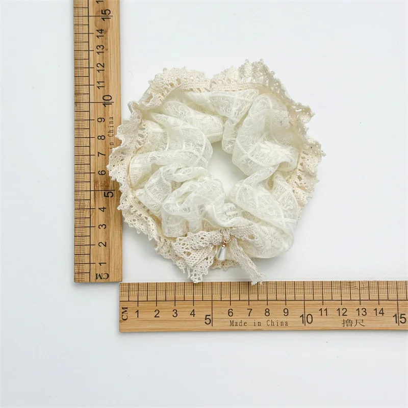 Women French Lace Pearl Rose Flower Elastics Hair Band Cream White Scrunchies Hair Ties Lady Ponytail Holder Hair Accessories