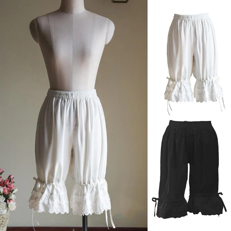 Women Renaissance Vintage Bloomers Ruffles Lace Hem Bow Lantern Pumpkin Pants Solid Color Elastic Bubble Safety Under Pants