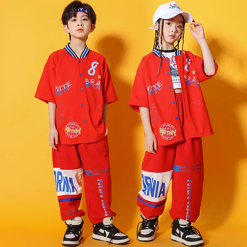 Boy Street Dance Costume Loose Letter Print Shirt Elastic Waist Patchwork Pants 2pcs Performance Wear Hip Hop Girls Clothing Set