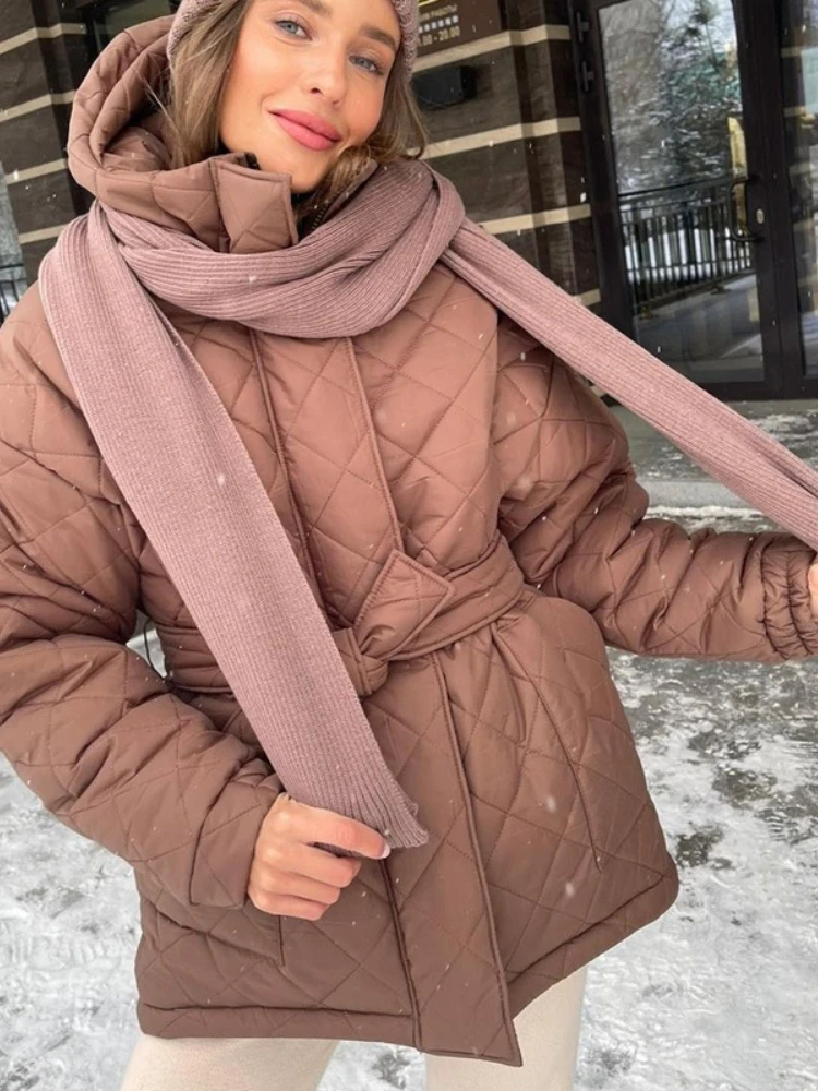 Women\'s Jacket  2024 New in Autumn Winter Hooded Cotton Coat Solid Color Warm Coat Jacket Women Single Breasted Belt Parkas