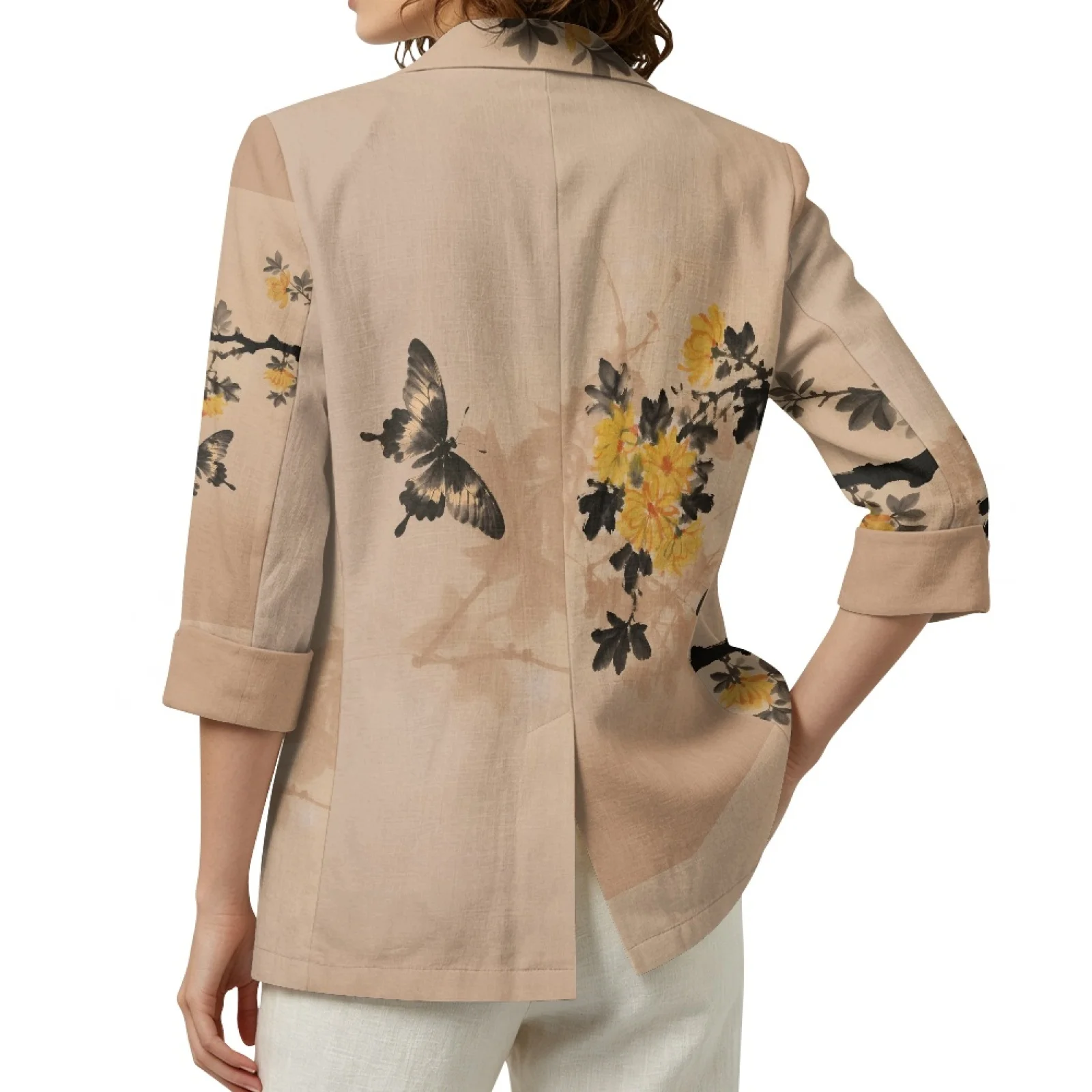 PENSTROLL Ink Butterfly Floral Linen Style Open Front Blouse Beach Cover Up for Women Lightweight Cover Up Cardigans