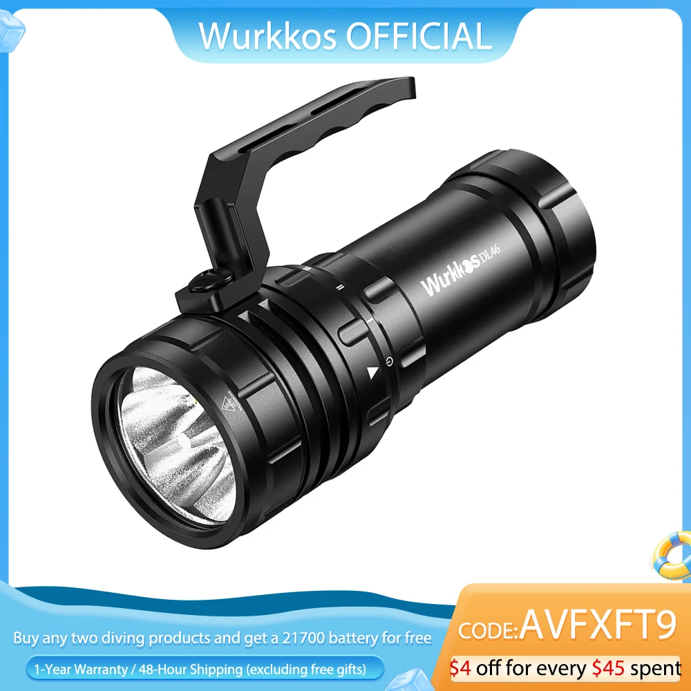 Wurkkos DL46 Professional Scuba Diving Flashlight IPX8 46950 Battery Super Bright 20000LM USB Reverse Charge 6 * XHP50.2