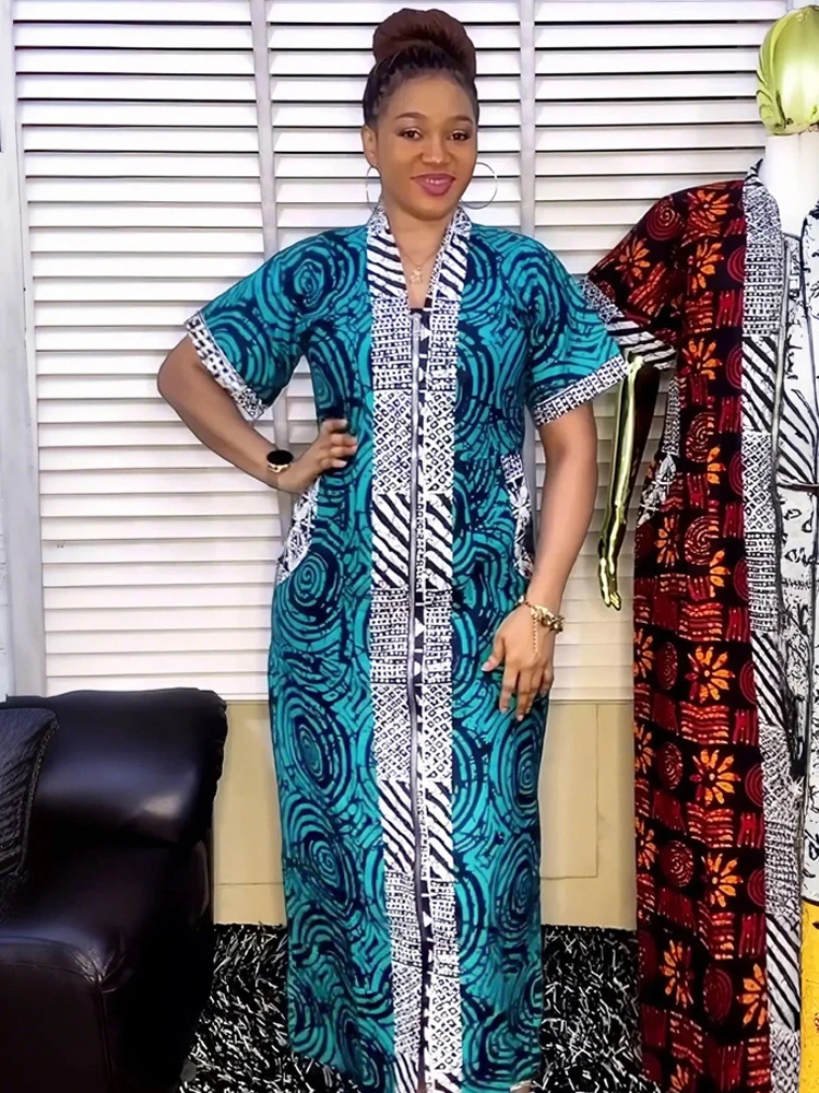 

Short Sleeve Dresses For Women African Dashiki Print Maxi Robe V-neck Zipper Long Dress Ankara Outfits Dubai Muslim Kaftan Abaya