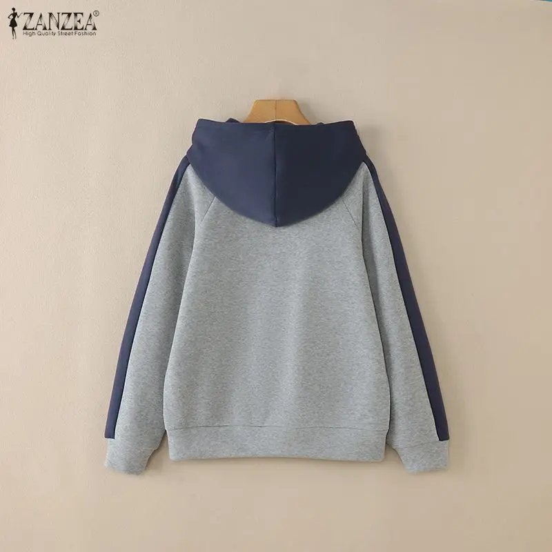 ZANZEA Women's Autumn Fleece Lined Hoodies Contrast-Color Raglan Sleeves Hooded Sweatshirt Casual Loose Woman Clothes Streetwear