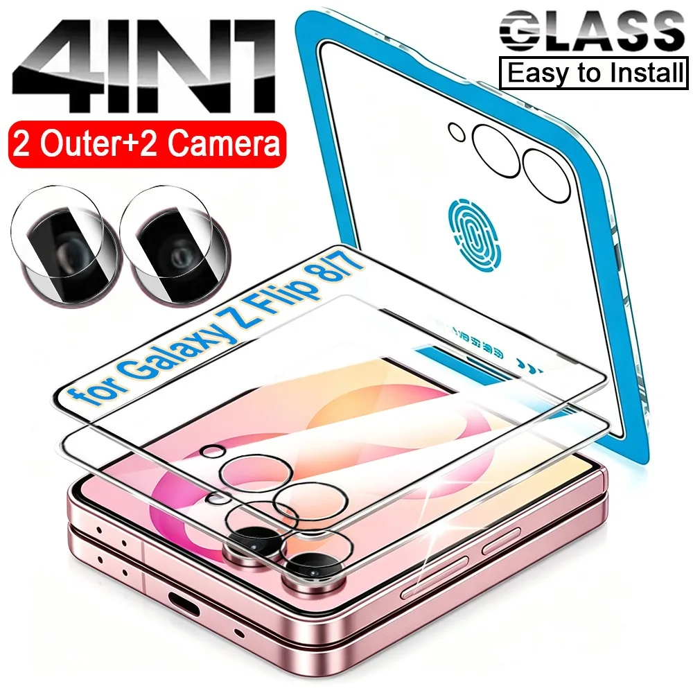 4In1 Easy Install Outer Tempered Glass with Lens Film For Samsung Galaxy Z Flip 8 7 Flip8 5G Screen Protector Cover Camera Glass