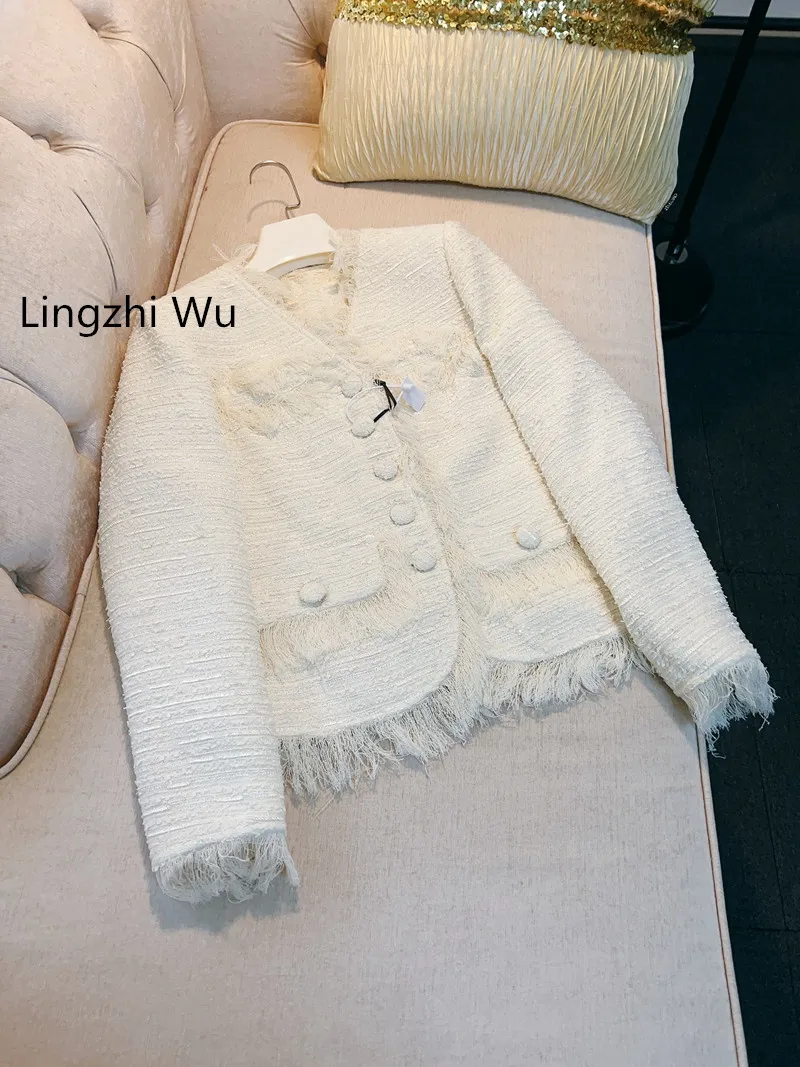 

Lingzhi Wu French Design Tassel Unique Top Quality Beautiful White Coat Ladies Spring Autumn Outerwear Tweed Female New Arrival