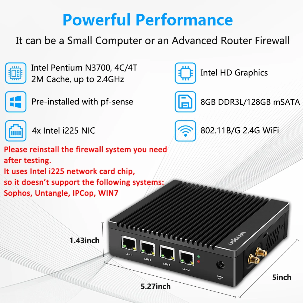 Imagem -03 - Vnopn-mini pc Network Router Firewall Appliance Fanless Dual Hdmi Rs232 com Intel Portas N3700 Quad Core 2.5 Ghz