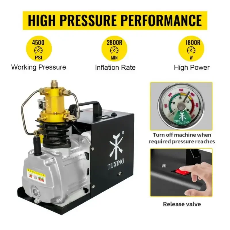 TUXING 300Bar 4500Psi PCP Air Compressor High Pressure Adjustable Pressure Auto Stop Compressor for Scuba Diving Airgun Rifle