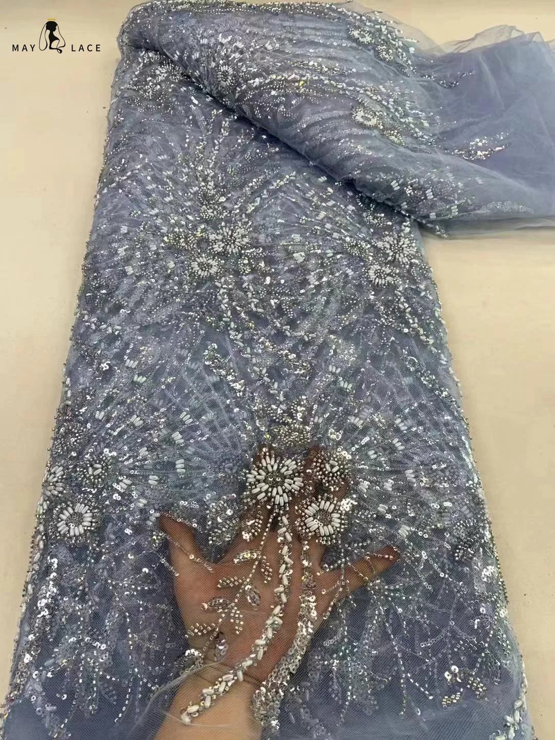 Luxury Sky Blue Sequins Tube Beads Lace Fabric For Wedding 2024 New Design French African Tulle Mesh Lace For Evening Dresses