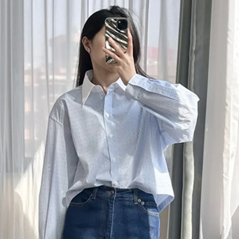 

Women Diamond Decorative Blouse Striped Color Contrast Turn-down Collar Long Sleeve Single Breasted Loose Spring 2024 Shirt