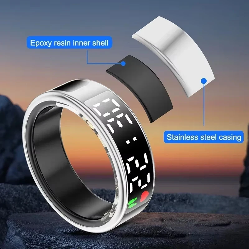 Smart Ring For Men Women Heart Rate Blood Oxygen Health and Sleep Monitor Multi Sport 5ATM Waterproof Ring With LED Display
