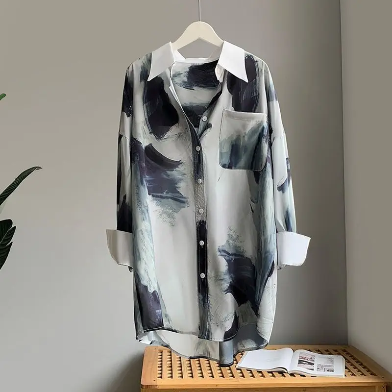 

Универсальная блузка с принтом High Street, весна-осень, новая женская одежда, свободная винтажная рубашка-поло с длинными рукавами, трендовые повседневные топы