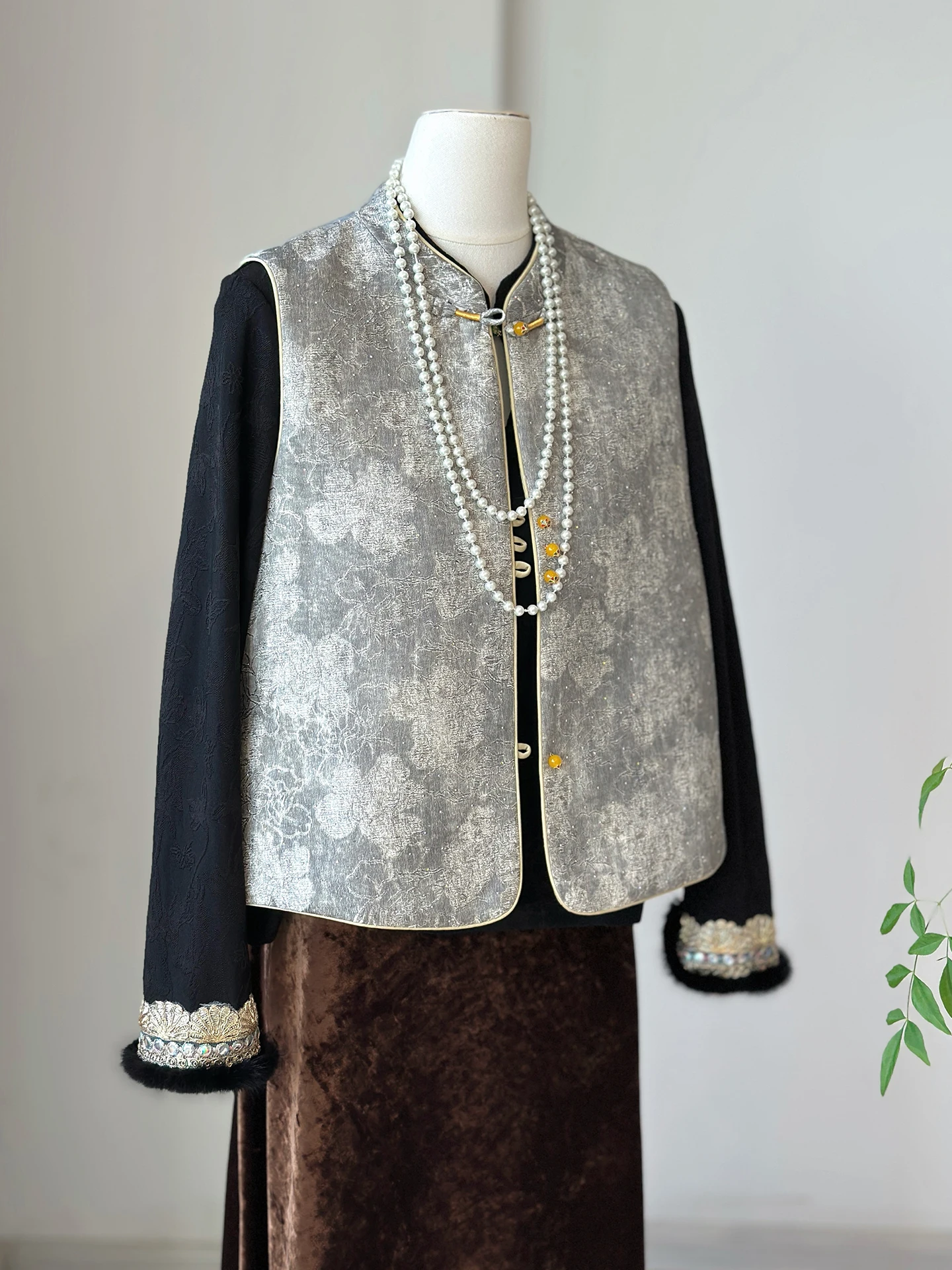 

Gray High-End New Chinese Retro Jacquard Quilted Vest Women's Autumn and Winter National Style Improve Suit Outer Wear Warm