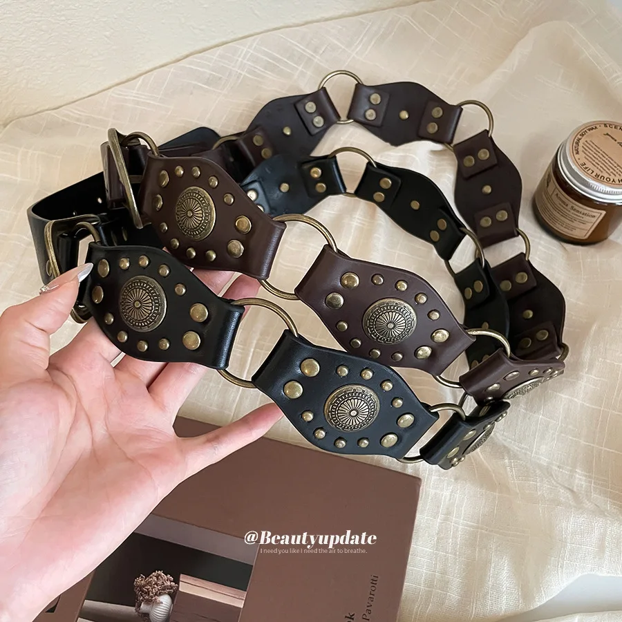 Vintage Punk Distressed Metal Plate Wide Belt Antique Bronze Finish Wavy Edges Medallion Studded Faux Leather Waist Strap