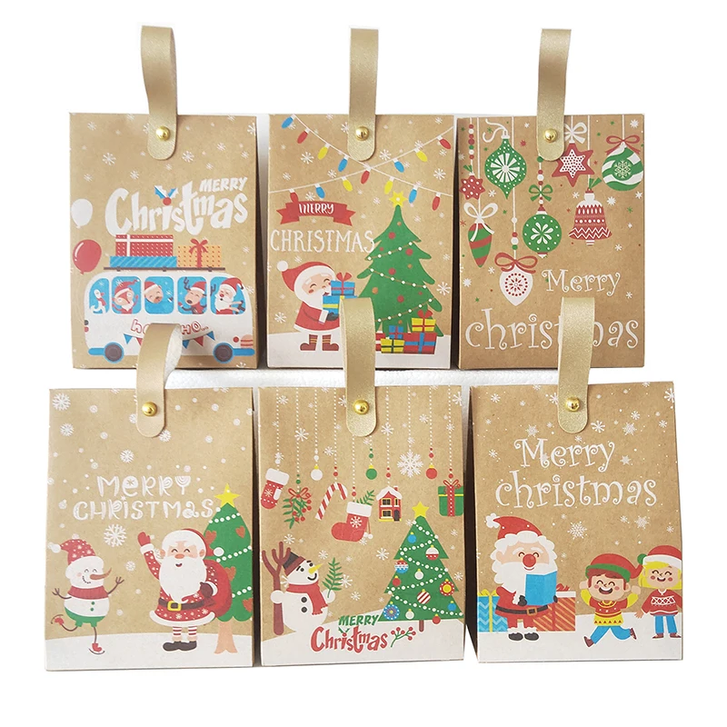 25/50Pcs Christmas Theme Gift Bags With Handle Candy Wrappers Favor Gifts Packaging Bags Eve Holiday Christmas Party Decoration