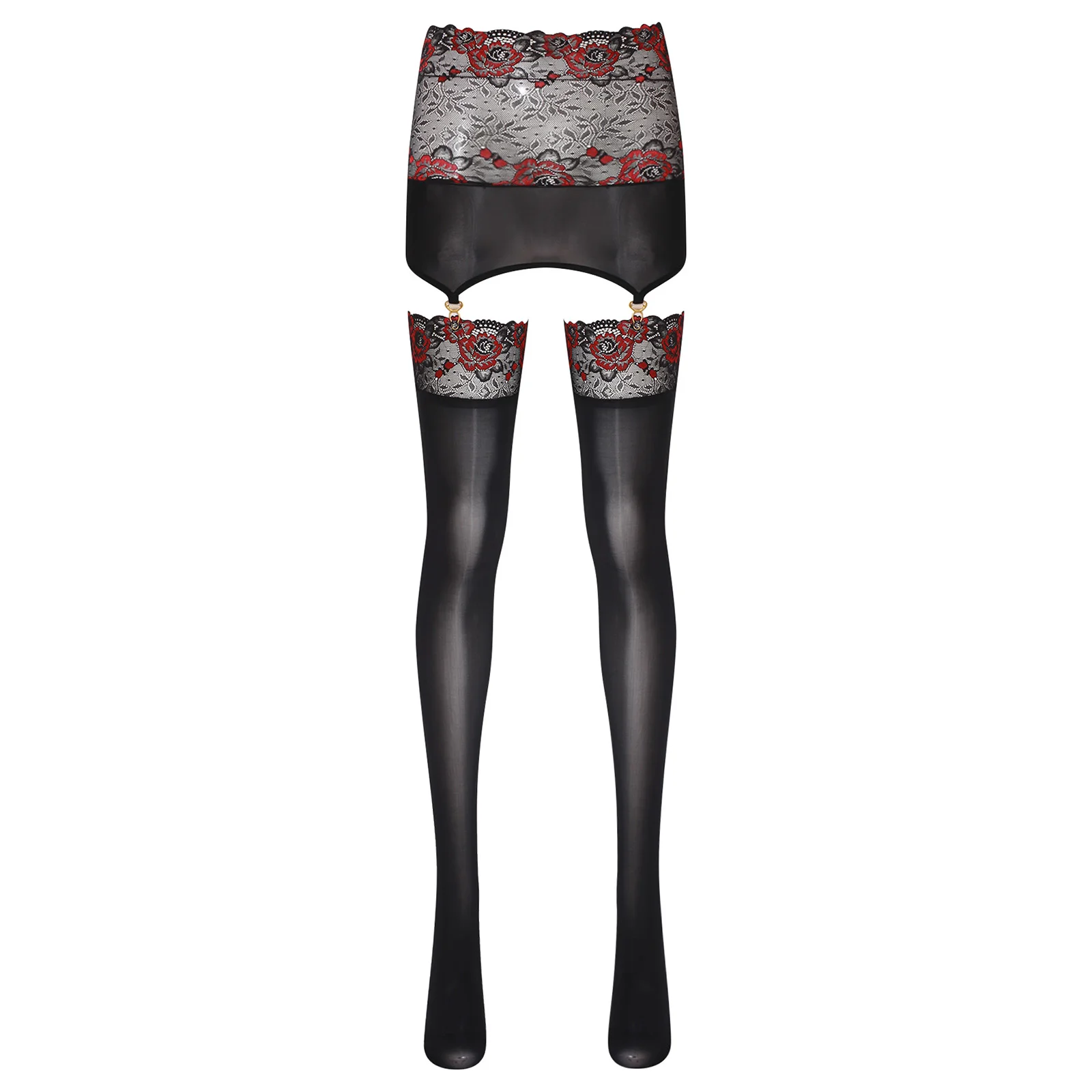 Womens Glossy Bodycon Skirt with Garters Suspender Stockings Floral Lace Trim High Waist Miniskirt Hollow Out Tights Pantyhose