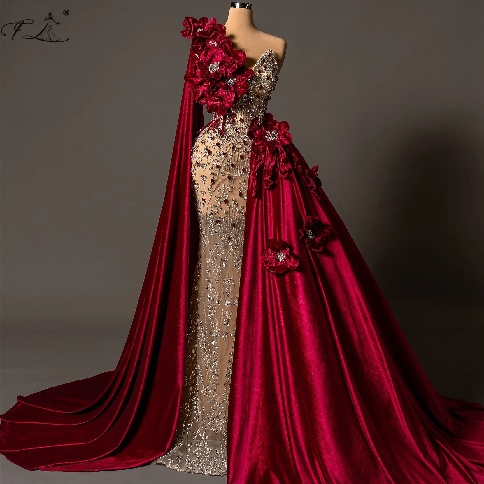 

Elegant 3d Floral Velvet Dress Dark Red Crystal Mermaid Evening Dress With Shawl Train Party Dress Cocktail Dress Customizable