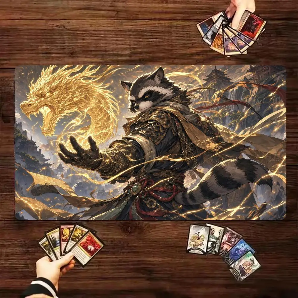 Raccoon Samurai Warrior Golden Dragon MTG Trading Card Game Playmat TCG CCG Play Mat Magic MTG Non-Slip Durable Stitched Edge