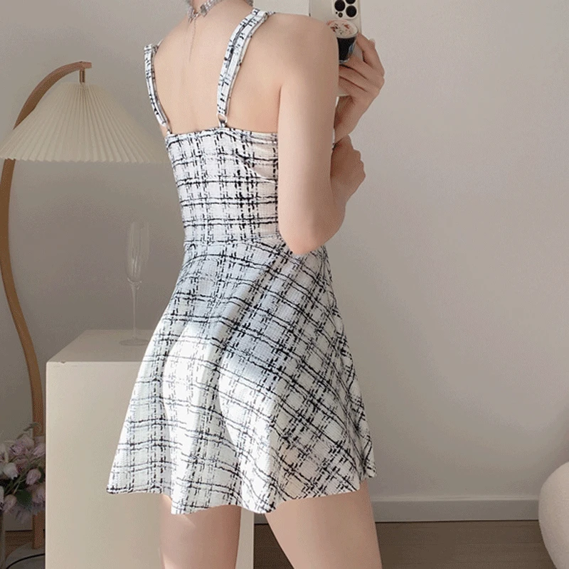 One Piece Swimsuit 2023 Summer New Plaid Printed Spliced Drawstring Sexy Pure Desire Thin Fashion Casual Women's Sling Swimwear