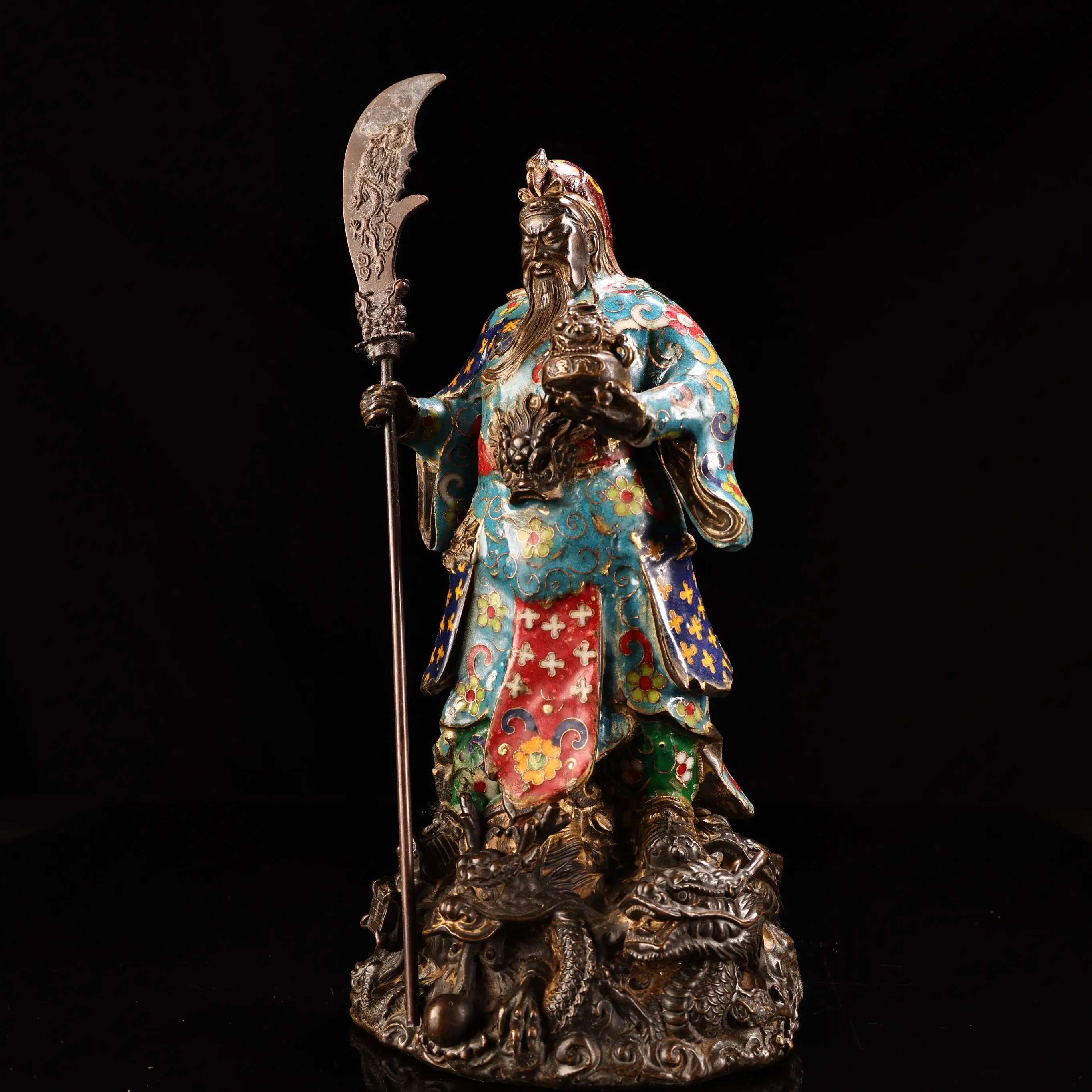 

10"Xizang Folk Old Bronze Cloisonne Enamel Dragon Statue Base Guan Gong Immortal Statue Guanyu Station Buddha Ornaments