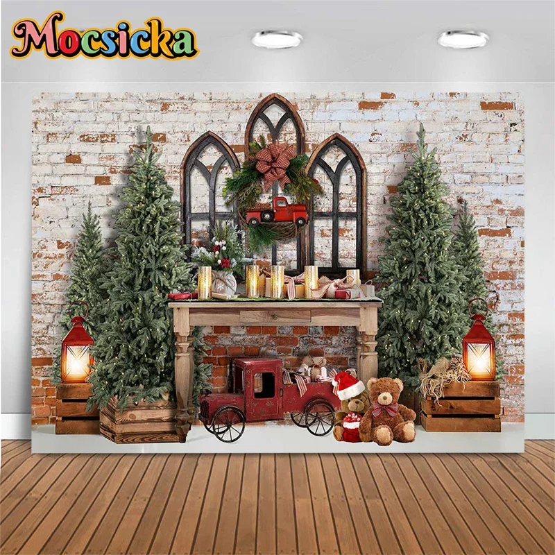 Mocsicka Christmas Decoration Photography Background Xmas Tree House Brick Wall Table Teddy Bear Gifts Backdrop Photobooth Props