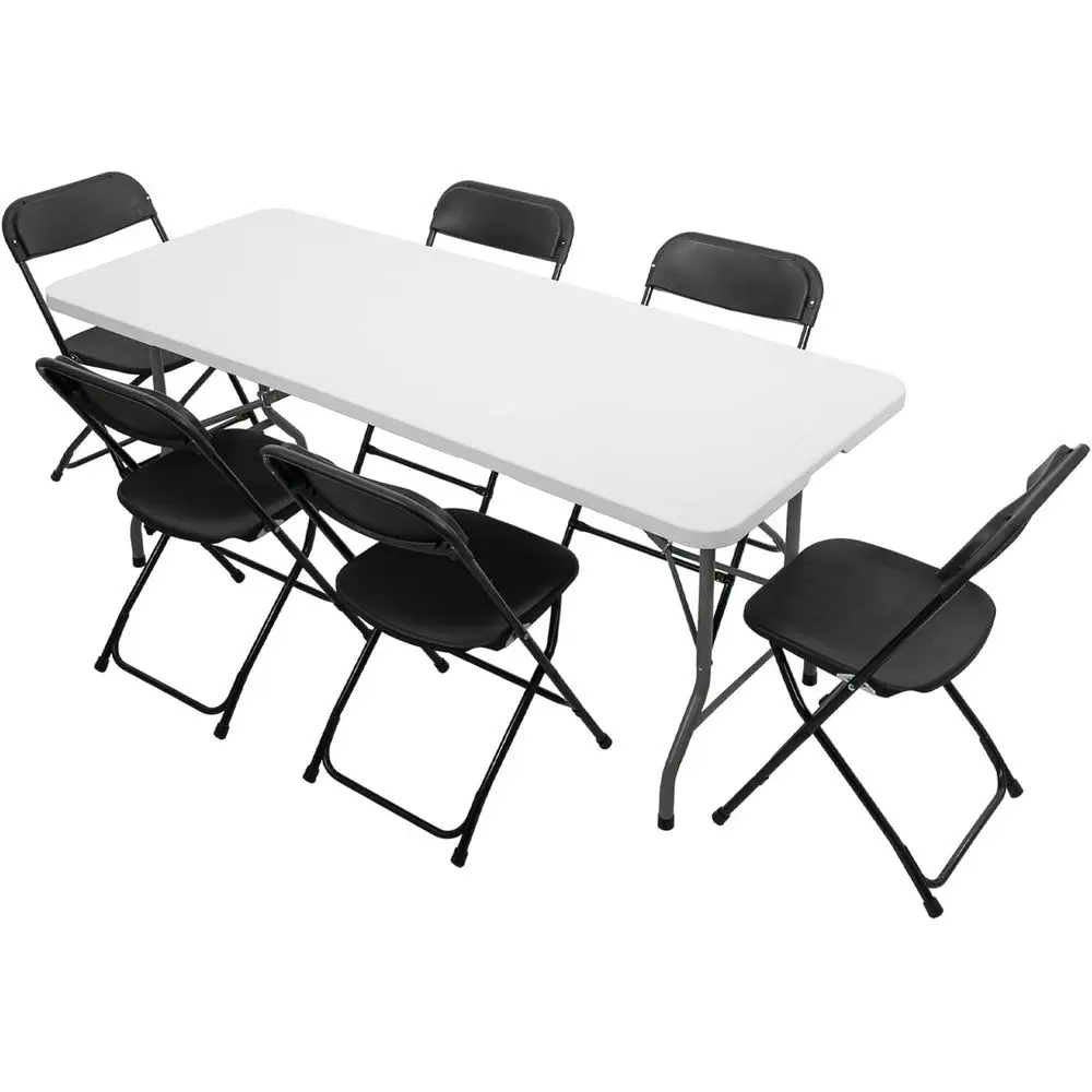 6-Piece Plastic Folding Table Set with 6 Black Folding Chairs for Picnics, Events, Training, Outdoor Activities, Home, and Comme