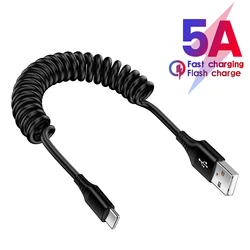 5A Fast Charging USB Type C Cable 100W Spring Telescopic Car Phone Charger USB Cable For Samsung Xiaomi Redmi Huawei USB C Cable