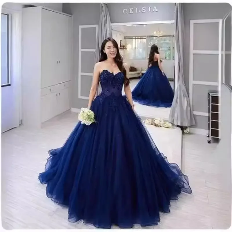 Navy Blue Princess Quinceanera Dresses Sweetheart Vestido De 15 Anos Ball Gown Court Train Birthday Party Customized