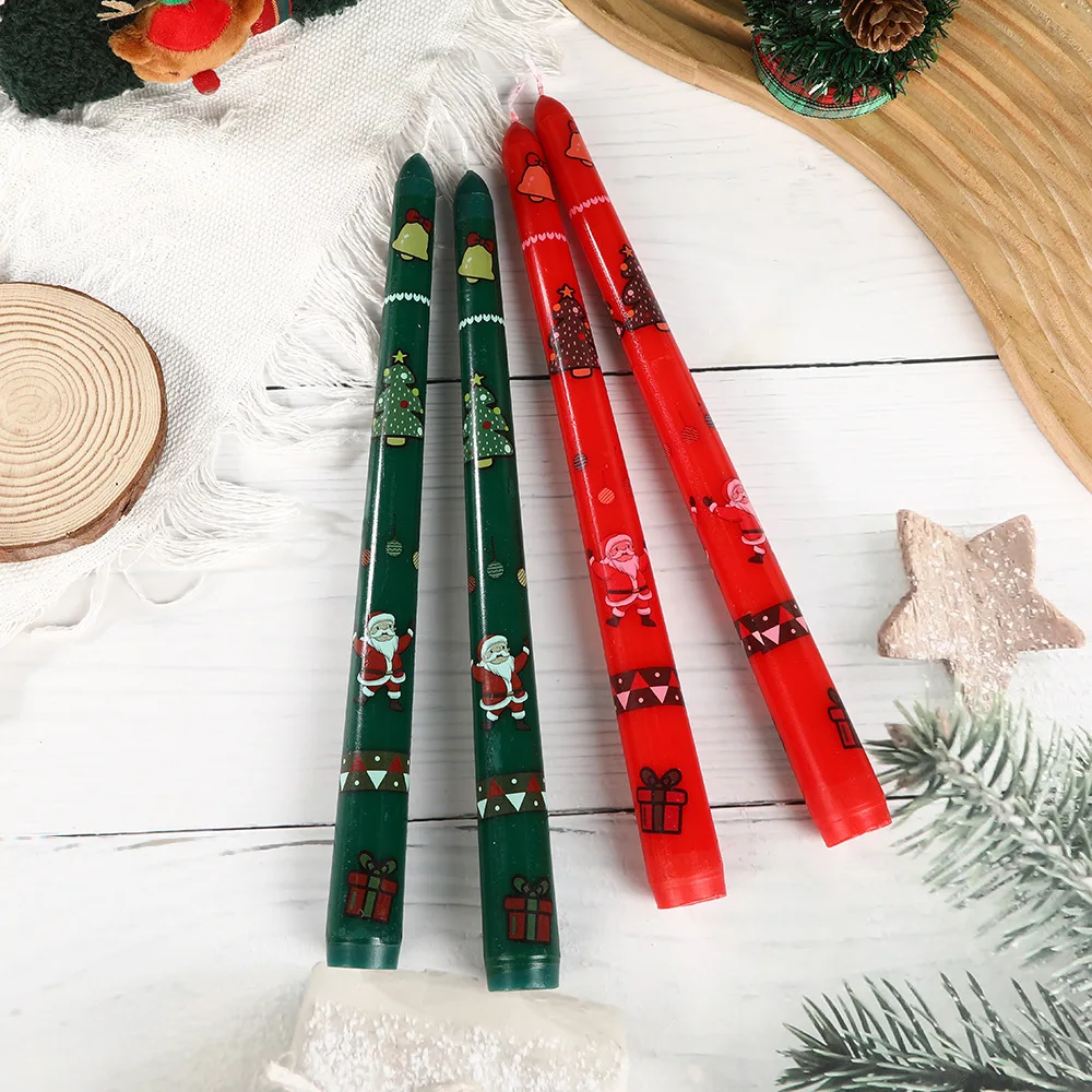 2pc Christmas Colored Cones. 2.2x25cm Printed Long Stem Candle. Home Romantic Tapered Rod Wax