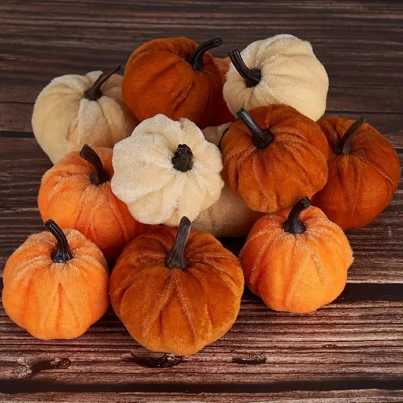 9PCS Velvet Artificial Pumpkin Decoration Desktop Pumpkin Ornament Christmas Thanksgiving Harvest Festival Halloween Decoration