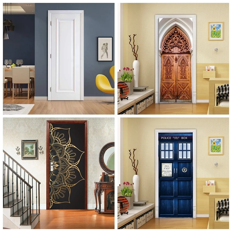 Retro Self-adhesive Vinyl Decal Wooden Iron Door Wallpaper vinilos para puertas de madera Modern Art Room Door Decor Sticker