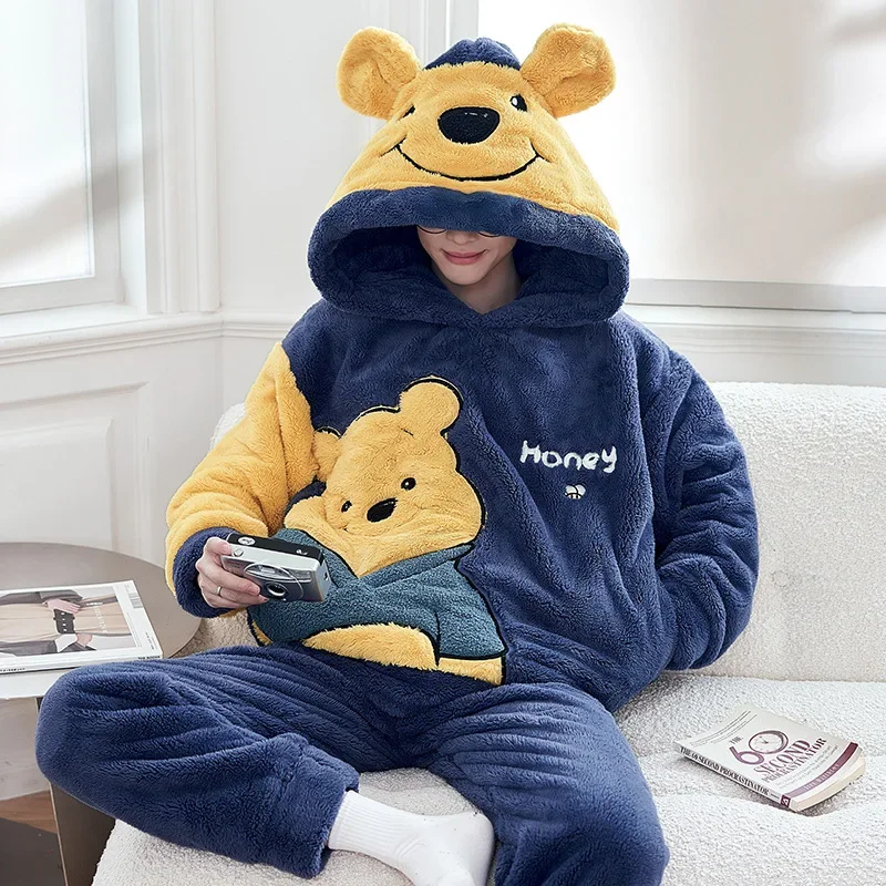 Disney Stitch Pooh Bear Winter Hooded Pajamas Set Men Women Pyjamas Cartoon Flannel Loung Sleepwear Couple Pijama Mujer Homewear