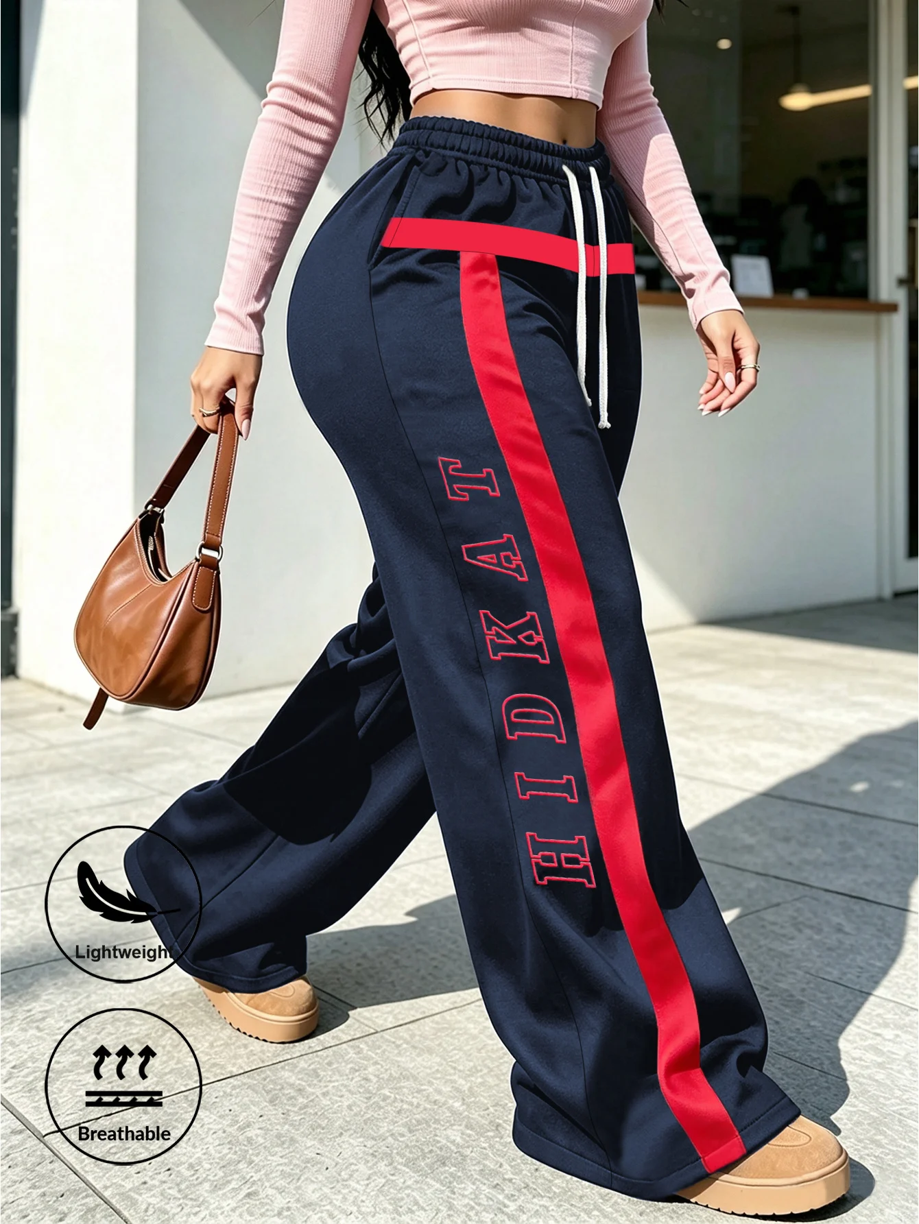 Retro Side Striped Letter Wide Leg Sports Pants with High Waisted Drawstring and Breathable Street Style Casual Pants