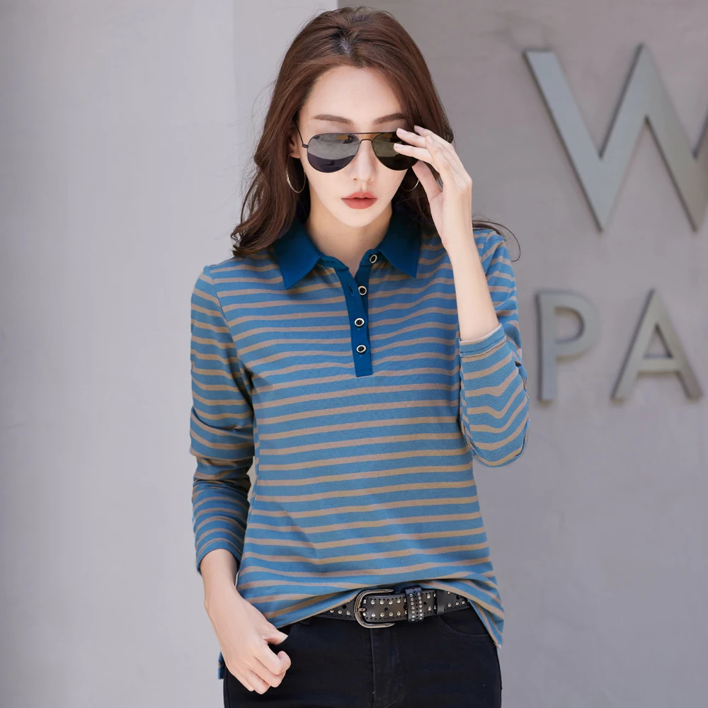 Korean Fashion Long Sleeve  Cotton Polo Shirt Women Stretch Plus Size  Autumn Slim Knitted Polo For Women Striped T shirt