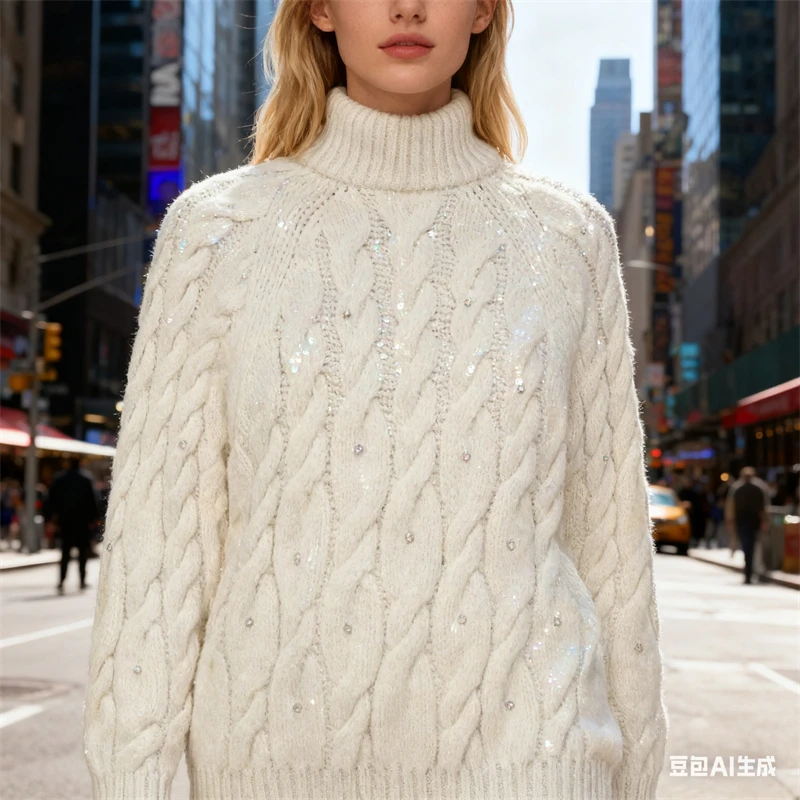 سترة نسائية بيضاء متماسكة مع زخارف من حجر الراين، سترة محبوكة برقبة وهمية وأكمام طويلة، بلوزة شتوية دافئة أنيقة #6