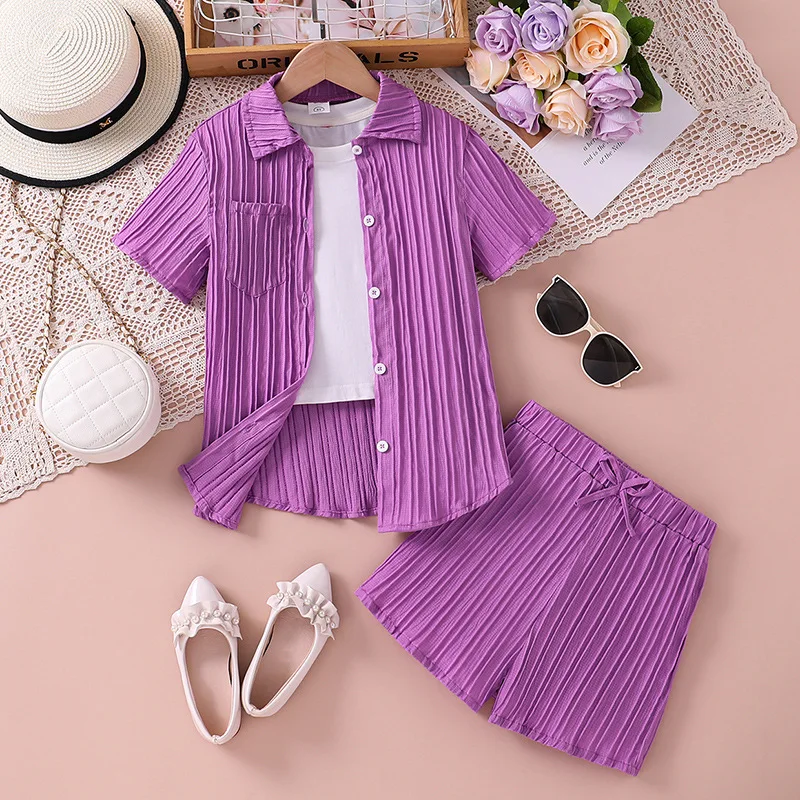 

2024 Summer Child Clothes Sets Short Sleeve Turn-down Collar Purple Shorts 2 Piece Sets Designer Girls Clothes Sets 5-9T