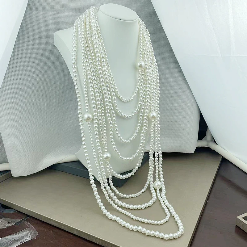 Steampunk Multilayer Beautiful White Big Pearl Bead Necklace Women Tassel Collar Hombre Bridal Choker Necklaces Jewelry