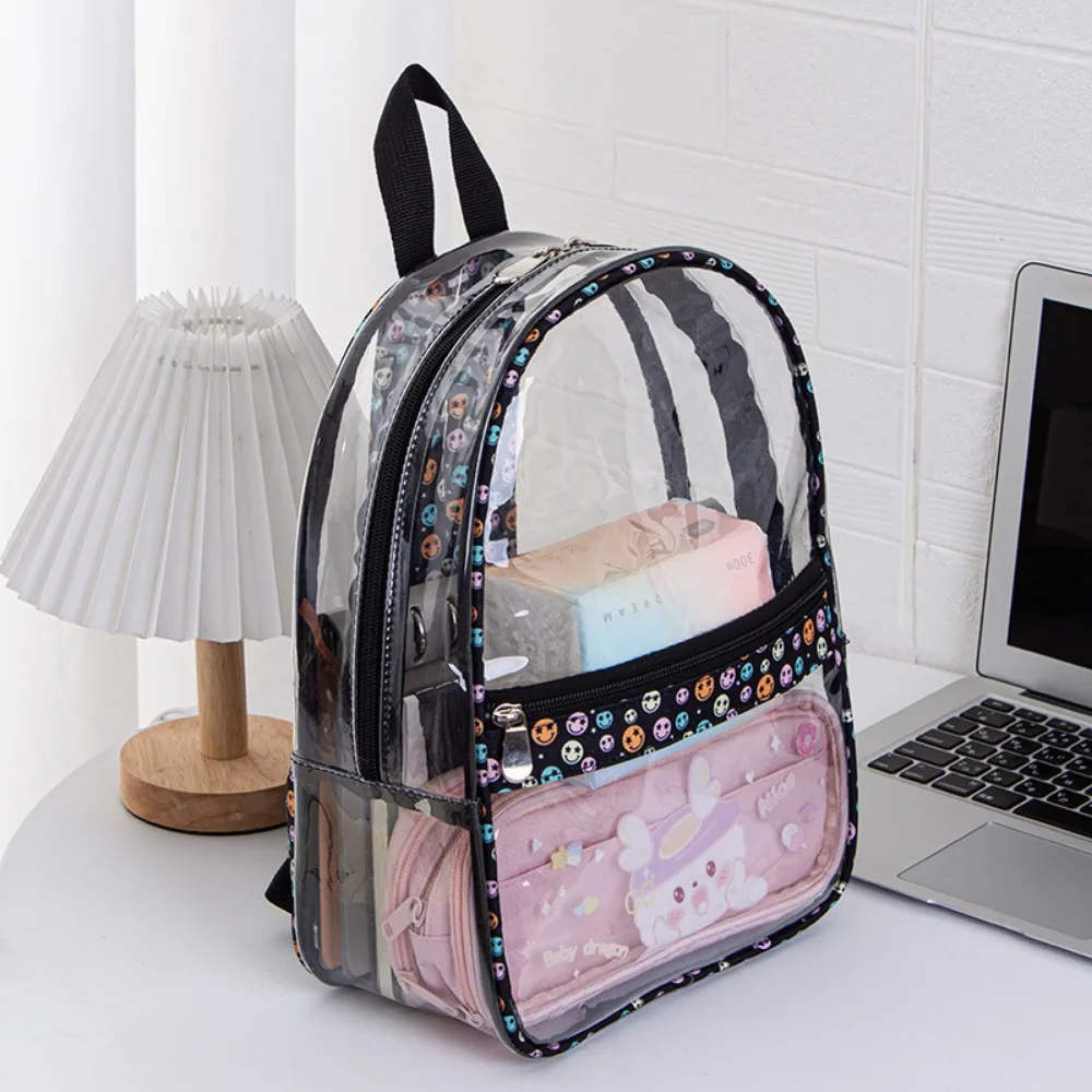Waterproof Clear PVC Backpacks Women Fashion Cute Cartoon Print School Bags Student Casual Transparent Backpack Stadium Approved