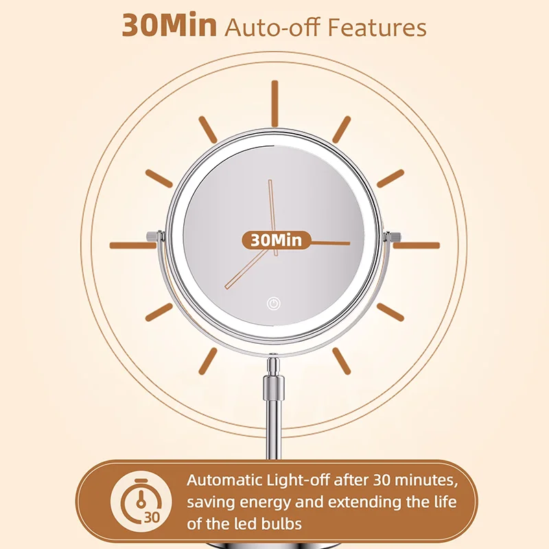 8 inch 10x vergroting make-upspiegel met lichtlamp 3 kleuren lichten, verstelbare helderheid hoogte staande cosmetische spiegel