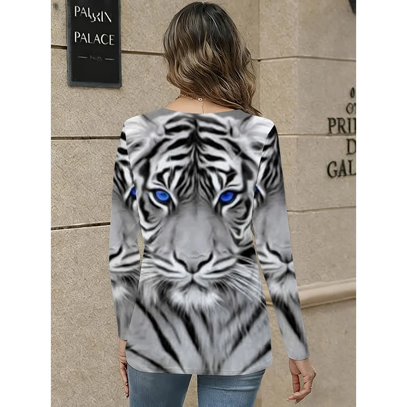 Women's Long Sleeve V Neck T Shirt White Tiger Print Blue Eye Design Casual Street Style Fashion Top For Autumn Winter Daily Wea