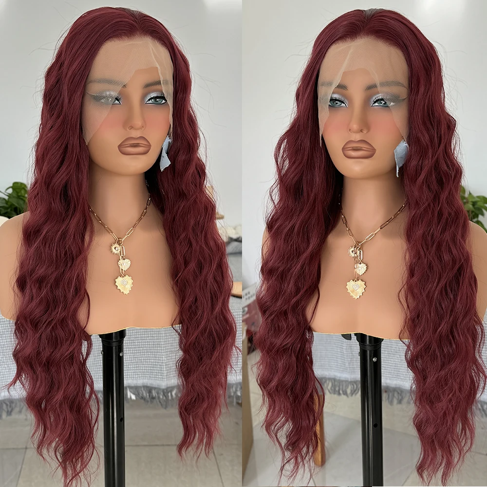 Burgundy Wig Long Natural Wave Synthetic Lace Wig Wine Red Loose Curl Lace Wig Frontal Lace Wigs for Women Ready to Wear Cosplay