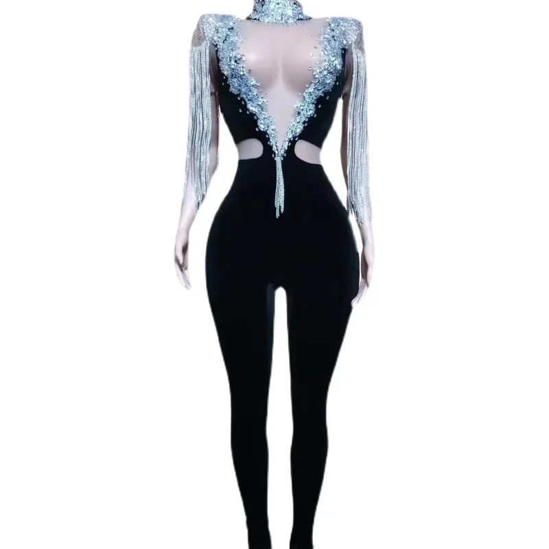 

Sparkly Fringed Shoulder Full Rhinestones Jumpsuit Women Gogo Daner Costume Nightclub Dj Party Pole Dance Rave Outfits XS6084