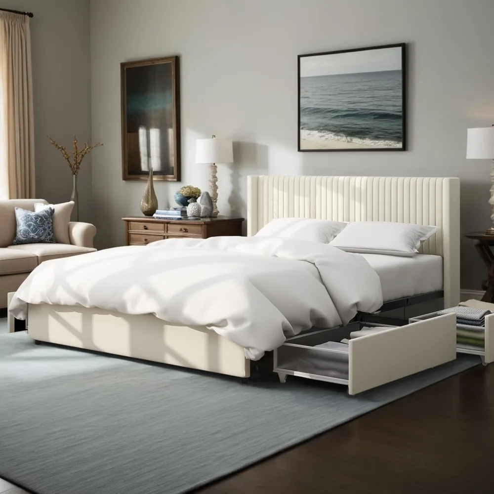 

Queen Size Platform Bed with 4 Storage Drawers, Upholstered Velvet Wingback Headboard, Wooden Slat Support, No Box Spring