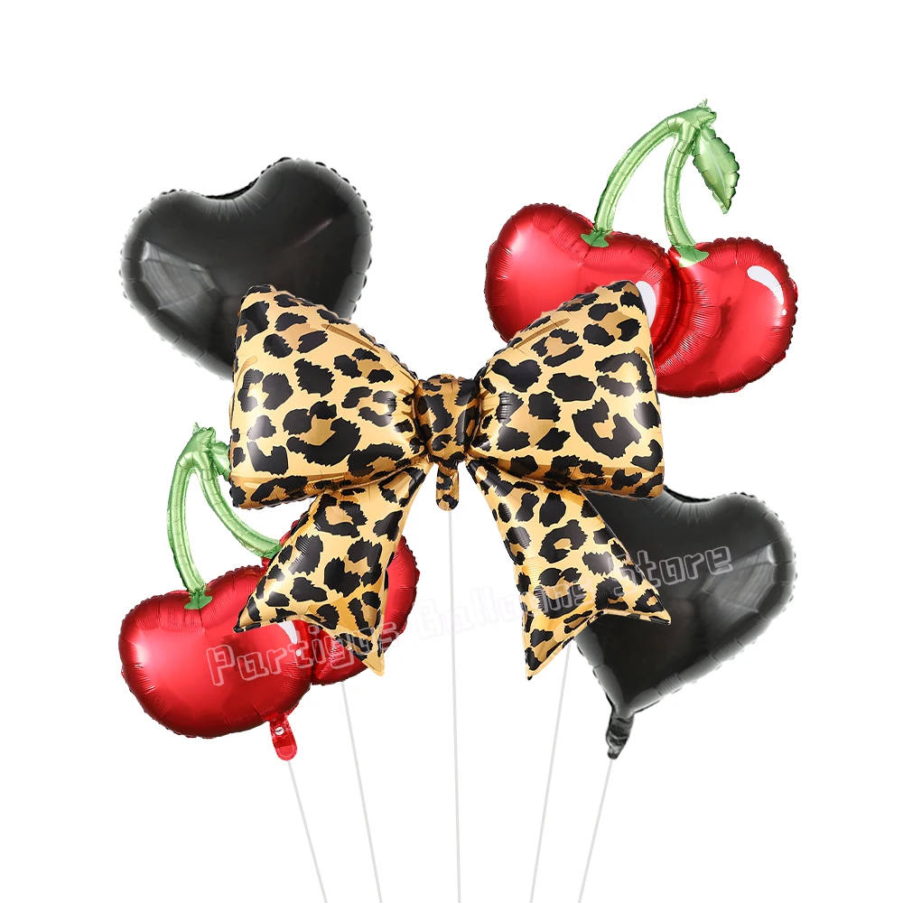 

6pcs Cheetah Print Cherry Birthday Decorations Leopard Bow Berry Heart Helium Ball Baby Shower Bride Bachelorette Party Supplies
