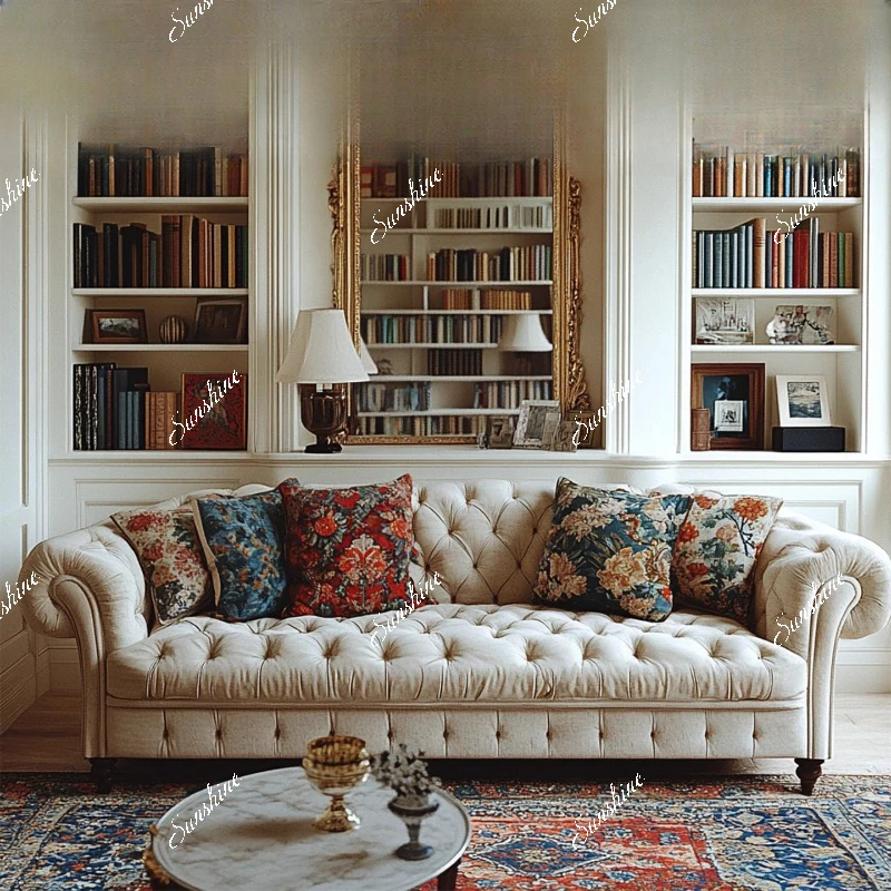 

American retro fabric soft bag buckle sofa small apartment living room three-person straight row sofa