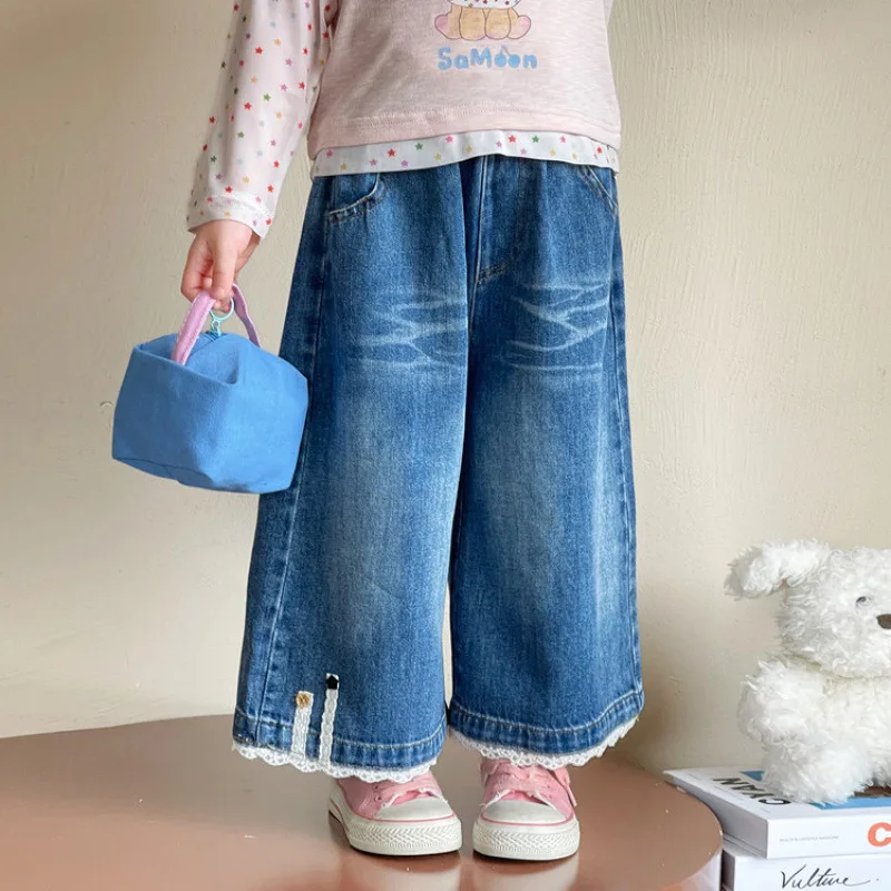 Girls' Pants 2026 Spring New Children's Korean Version of Versatile Fashion Foot Lace Denim Wide-leg Pants Versatile